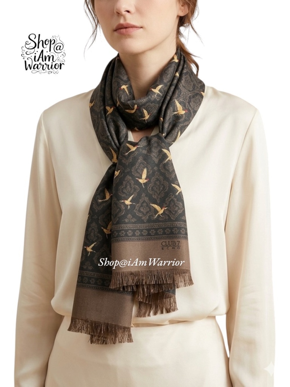 Vintage Silk Dress Scarf – Pheasant Print on Damask with fringe *shop@ianwarrior